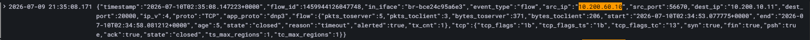 Zeek DNP3 log entry showing the attack connection