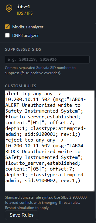 The lab Suricata rules scoped to the SIS destination address