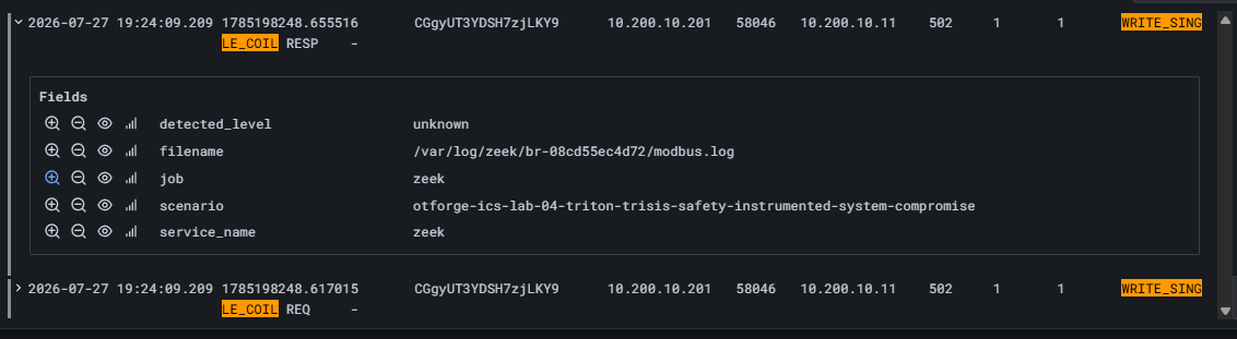 Zeek Modbus log showing the write single coil request